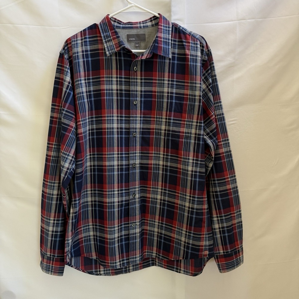 VINCE Men's Blue Red Plaid 100% Cotton Button Up Long Sleeve Shirt Size L